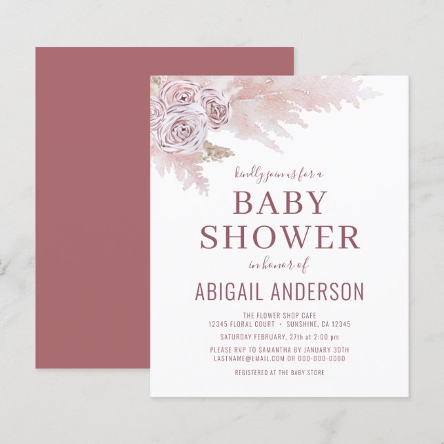 Budget Boho Pampas Grass Baby Shower-inbjudan (Fram/baksida)