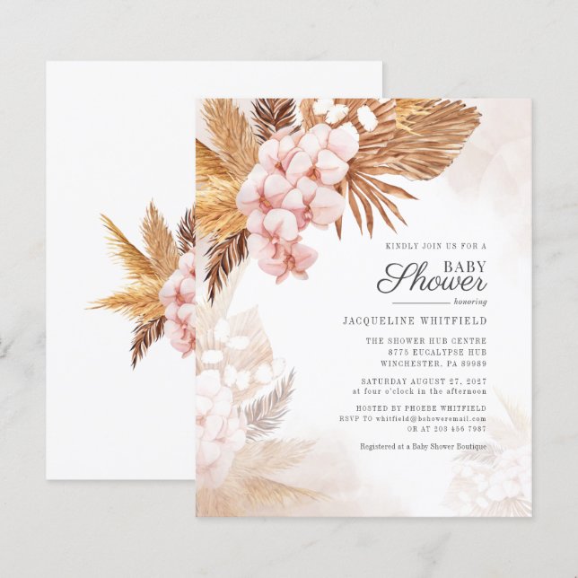 Budget Boho Pampas Grass Bebis-fest Inbjudan (Fram/baksida)