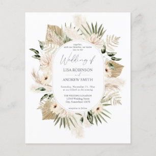 Budget Boho Pampas Grass & Beige Blommigt Bröllop Flygblad