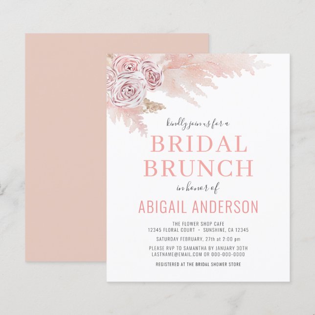 Budget Boho Pampas Grass Bröllops Brunch Inbjudan (Fram/baksida)