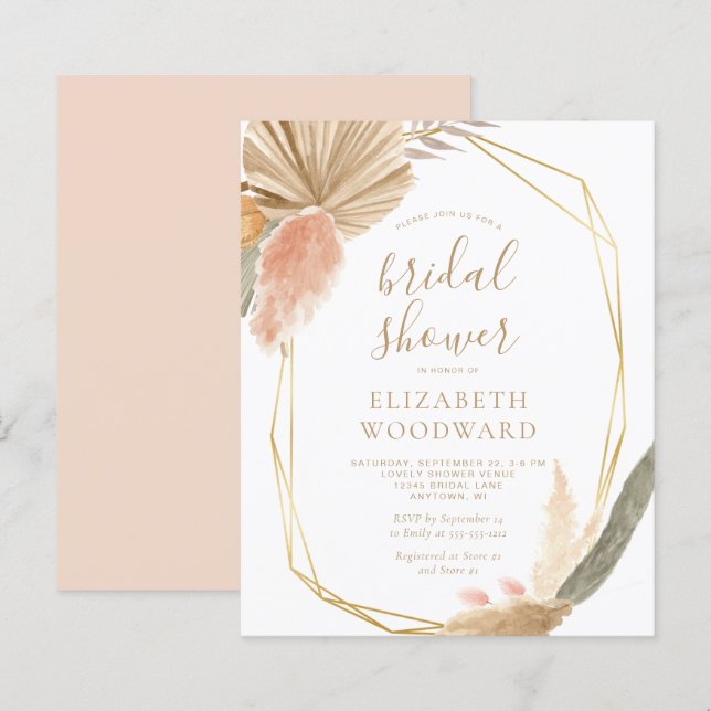 Budget Boho Pampas Grass Bröllopsdusch Inbjudan (Fram/baksida)