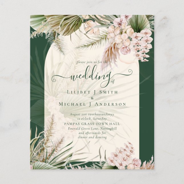 BUDGET BOHO Pampas Grass Grönt Bröllop Flygblad (Framsidan)