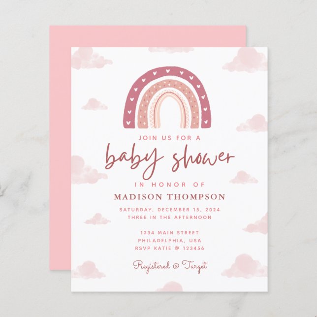 Budget Boho Pastel Rosa Rainbow Baby Shower (Fram/baksida)