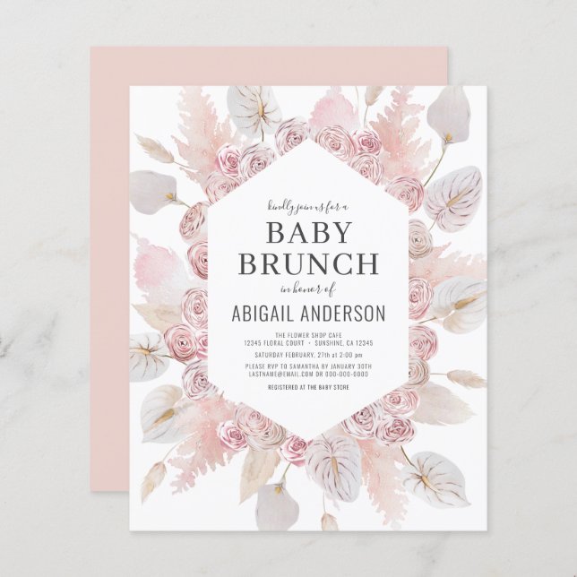 Budget Boho  Rosa Baby Brunch-inbjudan (Fram/baksida)