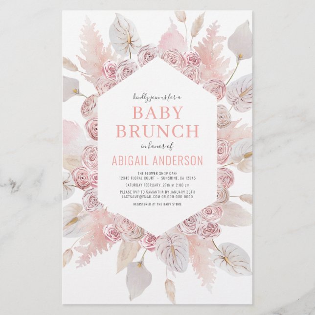 Budget Boho  Rosa Baby Brunch-inbjudan Flygblad (Framsidan)