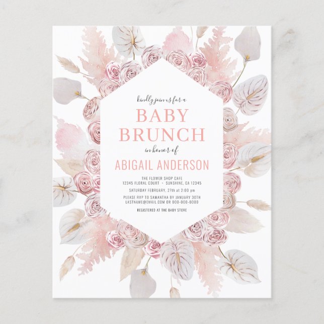 Budget Boho  Rosa Baby Brunch-inbjudan Flygblad (Framsidan)