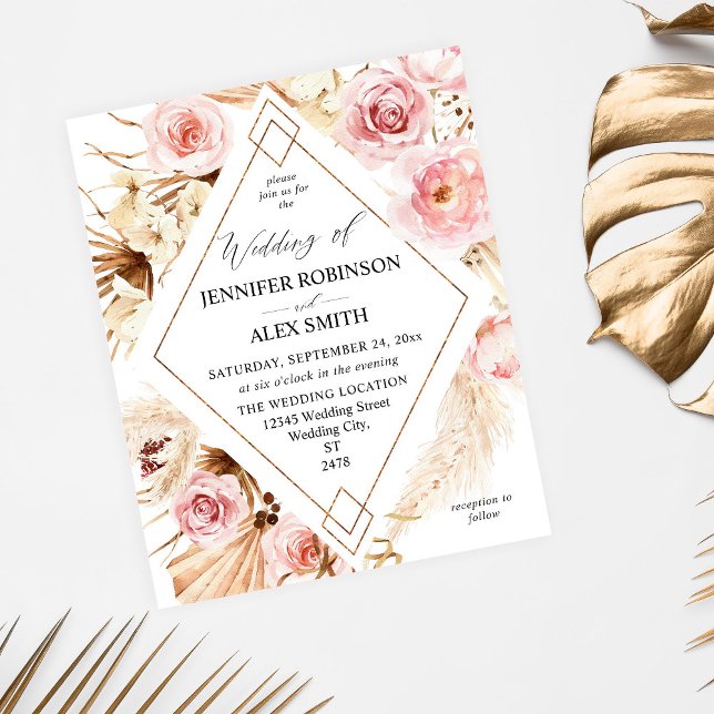 Budget Boho Rosa & Beige Blommigt Guld Bröllop Flygblad (Skapare uppladdad)