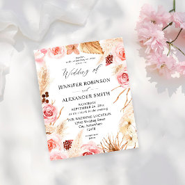 Budget Boho Rosa & Beige Blommigt Pampas Bröllop Flygblad