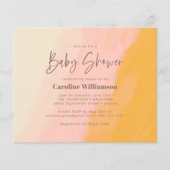 Budget Boho Rosa Gult Script Baby Shower Inbjudan (Framsida)