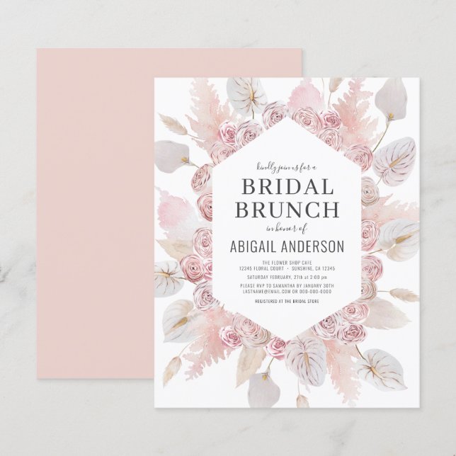 Budget Boho Rosenskära Bröllopsbrunch-inbjudan (Fram/baksida)