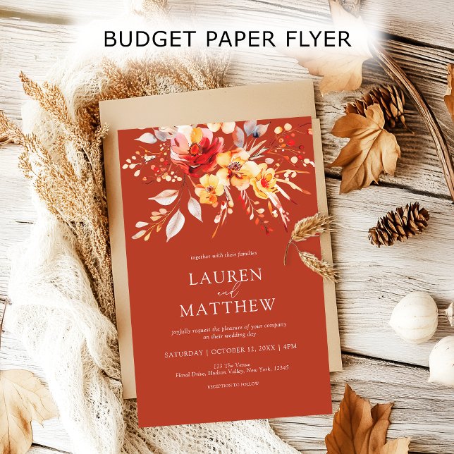 Budget Boho Rust Orange Fall Wedding bjudande Flygblad (Elegant floral rust orange fall wedding budget flyer invitation. Get a professional look for less!)