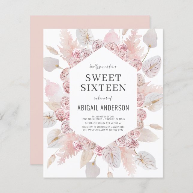 Budget Boho Sweet sixteen Modern inbjudan (Fram/baksida)