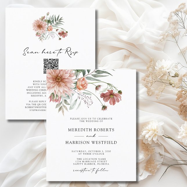 Budget Boho Terracotta Blommigt bröllopsinbjudan (Budget Boho Terracotta Floral Fall All in One Double Sided Wedding Invitation-5)