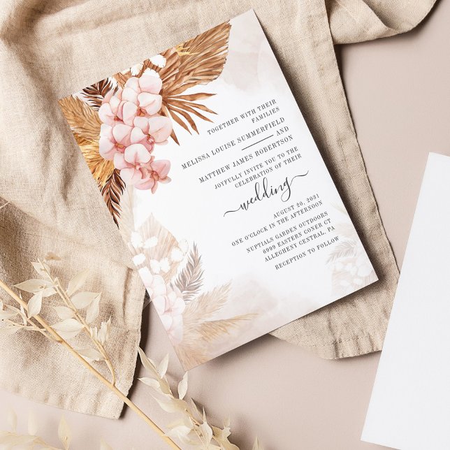 Budget Boho Torkade Palmer Pampas Gräs Bröllop (Pink Floral Wedding Pampas Grass Invitation)