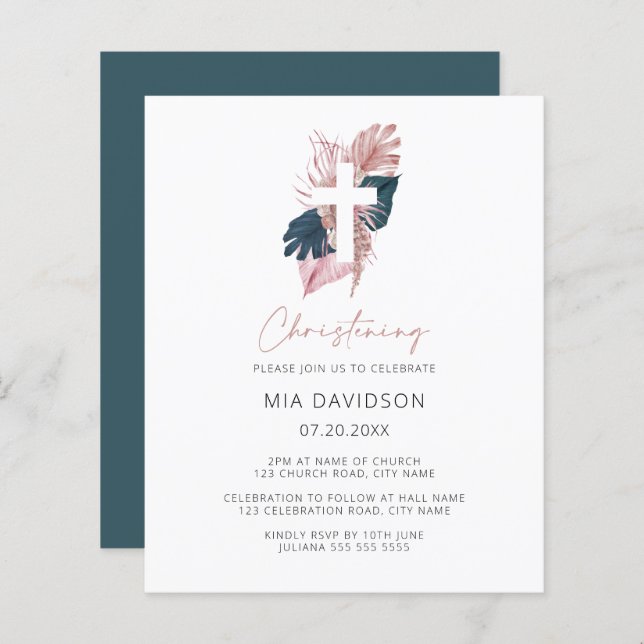 Budget Boho Watercolor Blommigt Christening Inbjud (Fram/baksida)