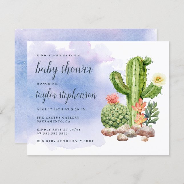Budget Boho Watercolor Cactus Baby Shower (Fram/baksida)