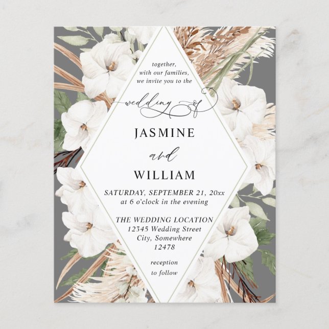 Budget Boho White Blommigt Sommarbröllop Flygblad (Framsidan)