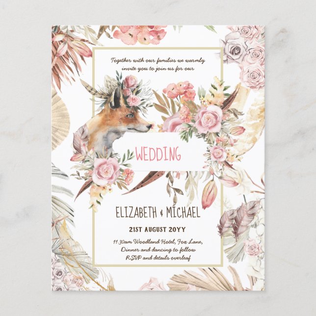 BUDGET Boho Woodland FOX Blommig Bröllop Modern Flygblad (Framsidan)