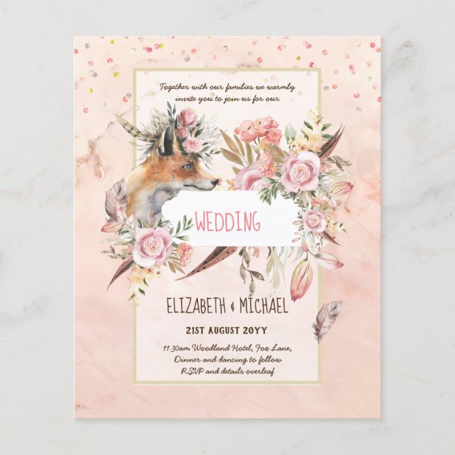 BUDGET Boho Woodland FOX Blommig Bröllop Modern Flygblad (Framsidan)