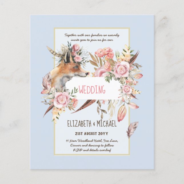BUDGET Boho Woodland FOX Blommig Bröllop Modern Flygblad (Framsidan)