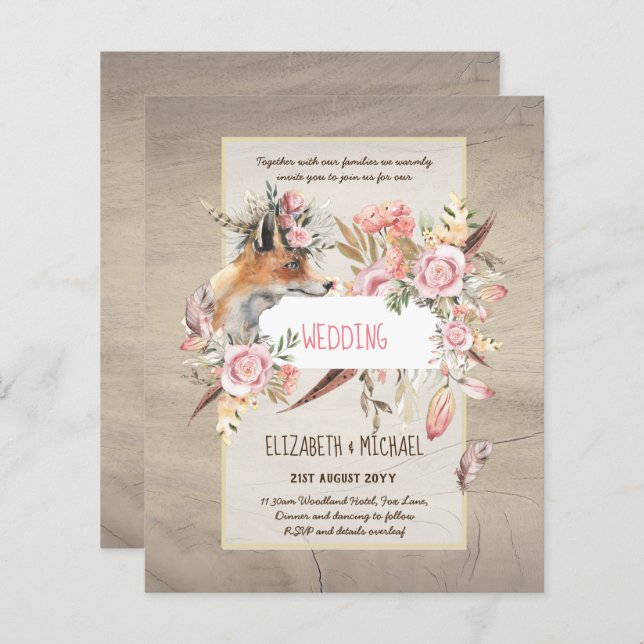 BUDGET Boho Woodland FOX Blommigt Bröllop Modern (Fram/baksida)