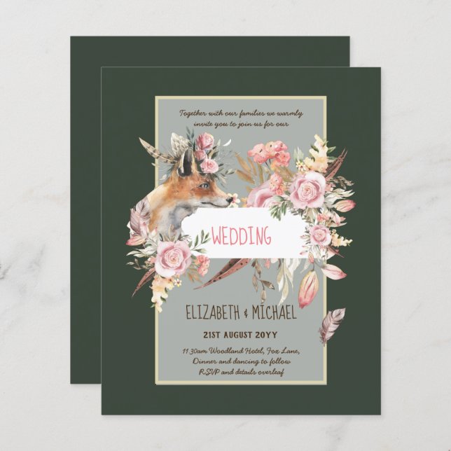 BUDGET Boho Woodland FOX Blommigt Bröllop Modern (Fram/baksida)