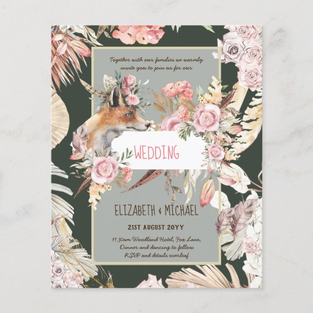 BUDGET Boho Woodland FOX Blommigt Bröllop Modern Flygblad (Framsidan)