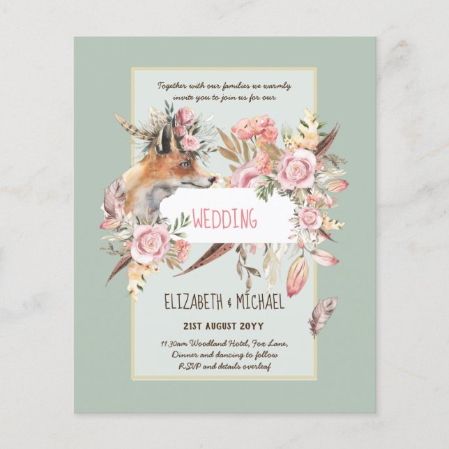 BUDGET Boho Woodland FOX Blommigt Bröllop Modern Flygblad (Framsidan)