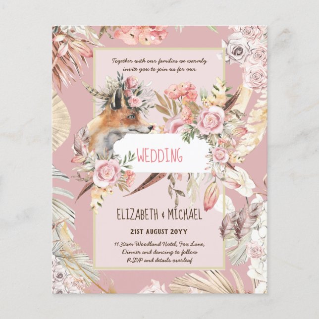 BUDGET Boho Woodland FOX Blommigt Bröllop Modern Flygblad (Framsidan)