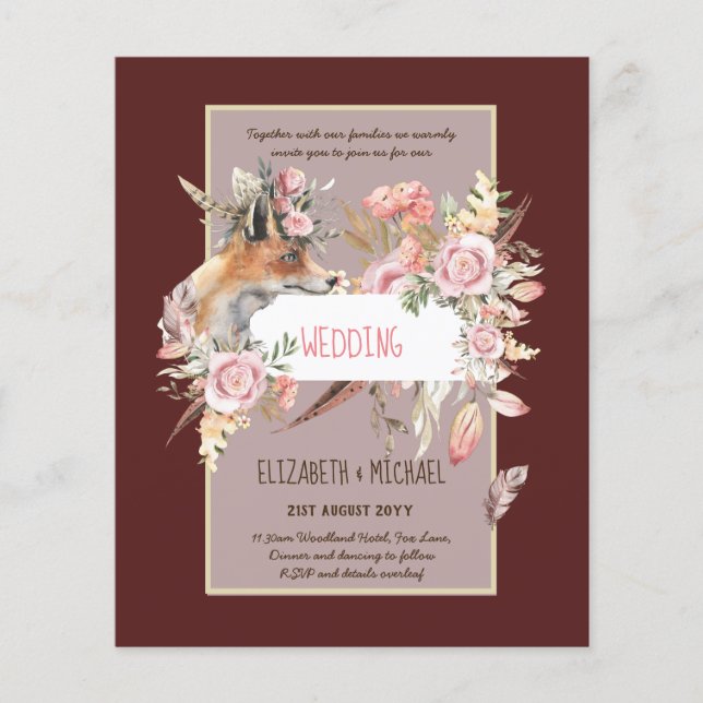 BUDGET Boho Woodland FOX Blommigt Bröllop Modern Flygblad (Framsidan)