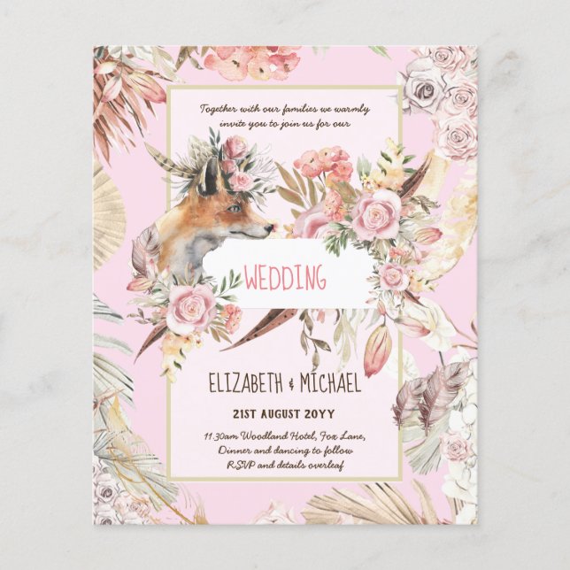 BUDGET Boho Woodland FOX Blommigt Bröllop Modern Flygblad (Framsidan)