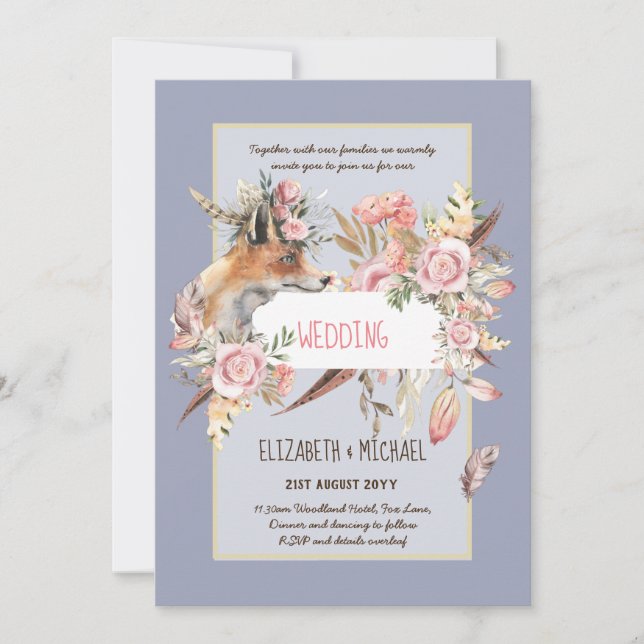 BUDGET Boho Woodland FOX Blommigt Bröllop Modern Inbjudningar (Framsida)