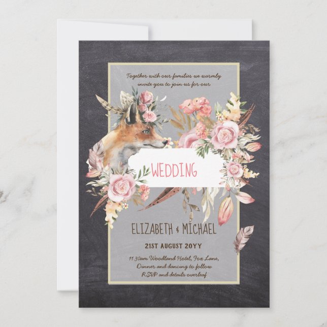 BUDGET Boho Woodland FOX Blommigt Bröllop Modern Inbjudningar (Framsida)