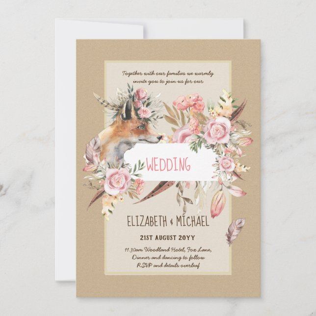 BUDGET Boho Woodland FOX Blommigt Bröllop Modern Inbjudningar (Framsida)