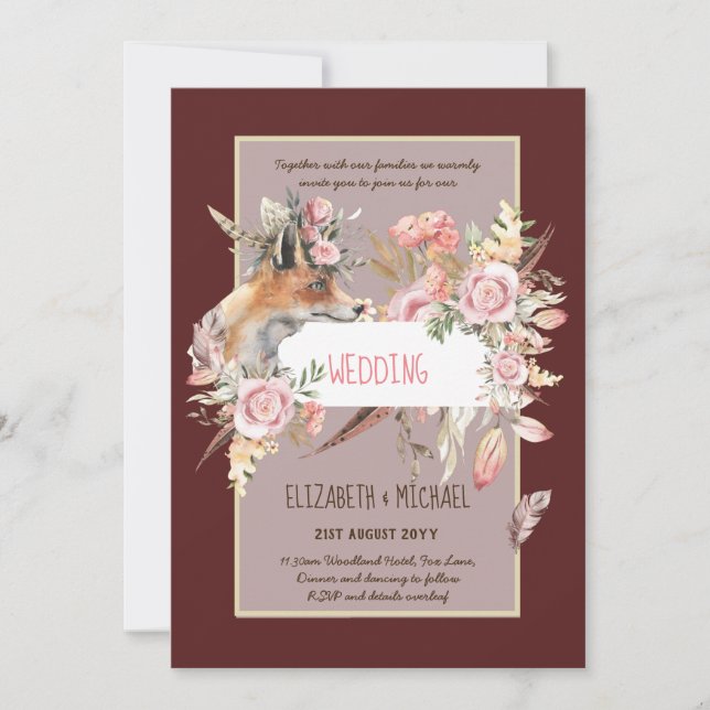 BUDGET Boho Woodland FOX Blommigt Bröllop Modern Inbjudningar (Framsida)