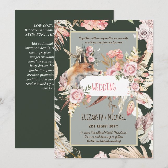 BUDGET Boho Woodland FOX Blommigt Bröllop Modern Inbjudningar (Fram/baksida)