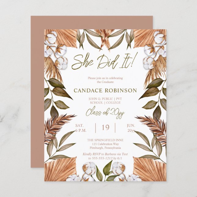 BUDGET Bomull Torkade Gräs Examen Inbjudan (Fram/baksida)