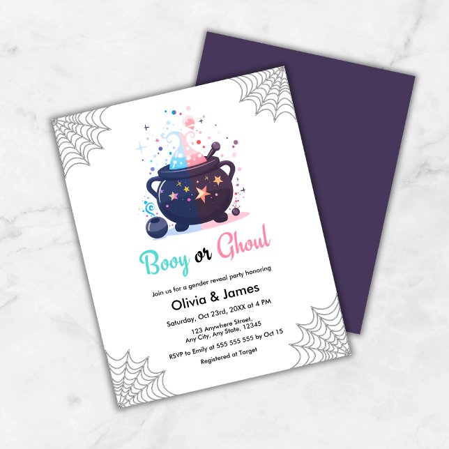 Budget Booy eller Ghoul Halloween Köns Avslöjande  (Budget Booy or Ghoul Cauldron Halloween Gender Reveal Invitation )
