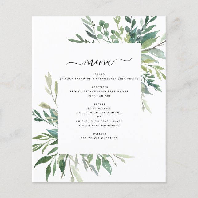 Budget Botanical Grey Foliage Bröllop Menu Flygblad (Framsidan)