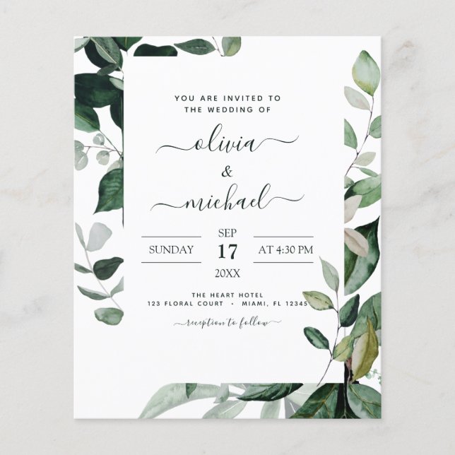 Budget Botanique Grey Foliage Bröllop Flyer (Framsidan)