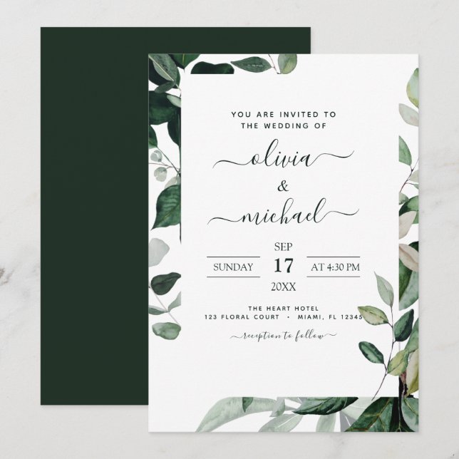 Budget Botanique Grey Foliage Bröllop Flyer Inbjudningar (Fram/baksida)