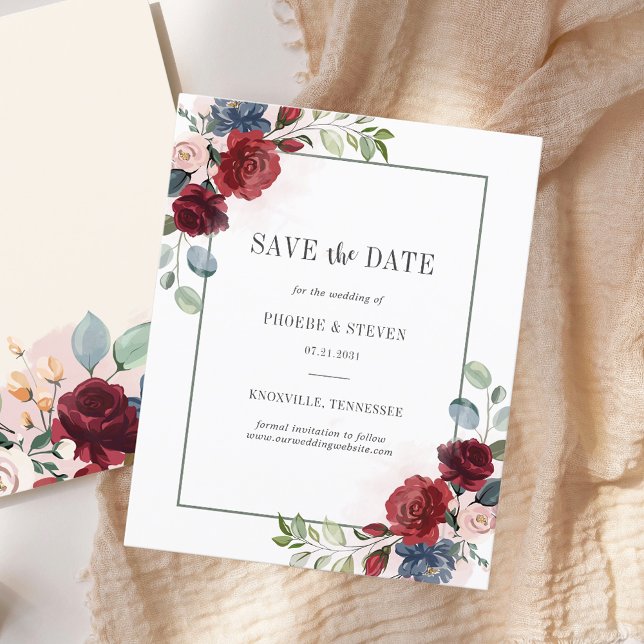 Budget Bourgogne Blommor Grönt Spara datum Flygblad (Floral Burgundy Watercolor Wedding Save the Date)