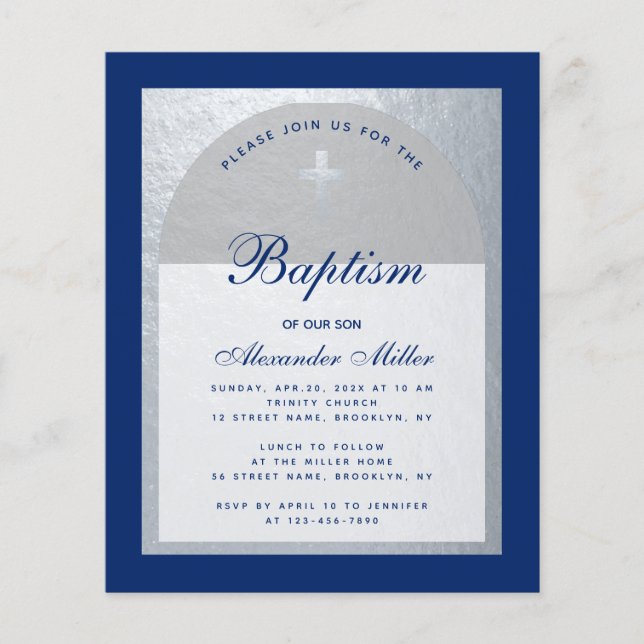 Budget Boy Baptism Royal Blue Silver-inbjudan (Framsida)
