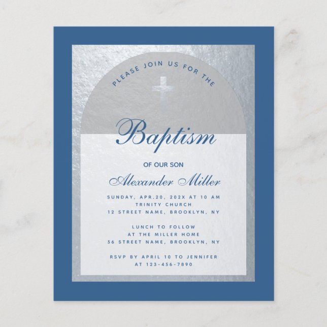 Budget Boy Baptism Silver Classic Blue-inbjudan (Framsida)