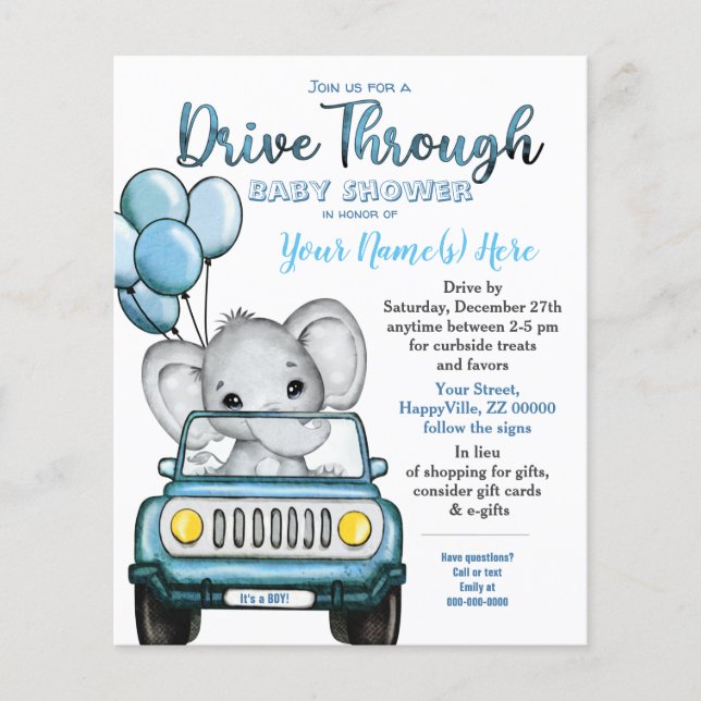 Budget Boy Drive Through Baby Shower Elephant Car Flygblad (Framsidan)