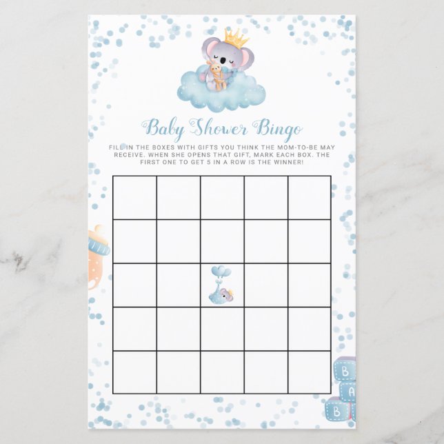 Budget Boy Koala Bear Blue Baby Shower Bingo Card (Framsida)