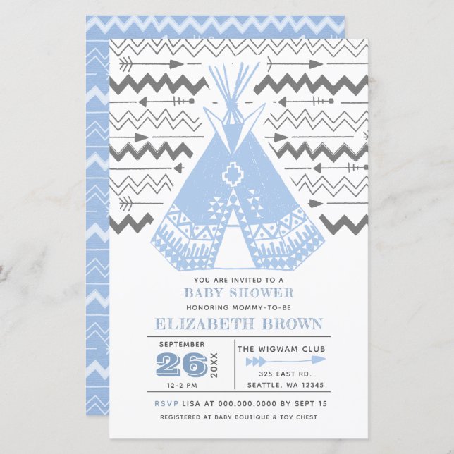 Budget Boy Tribal TeePee Baby Shower-inbjudningar (Fram/baksida)