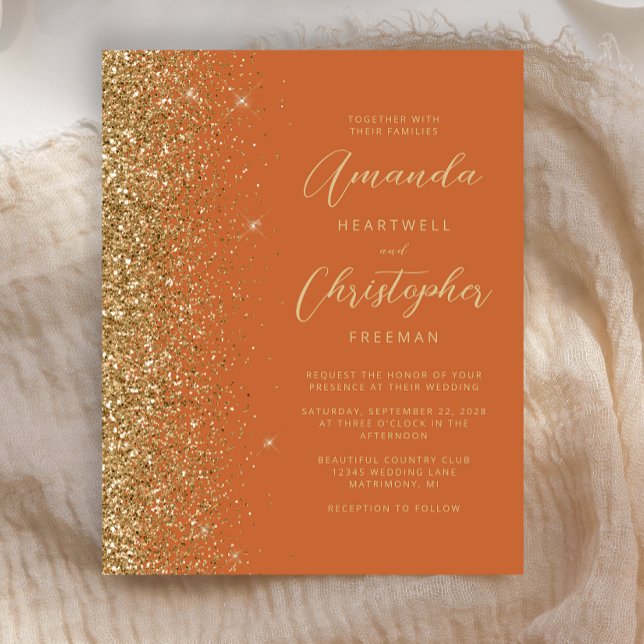 Budget Bränd Orange Guld Glitter Bröllopsinbjudan (Skapare uppladdad)