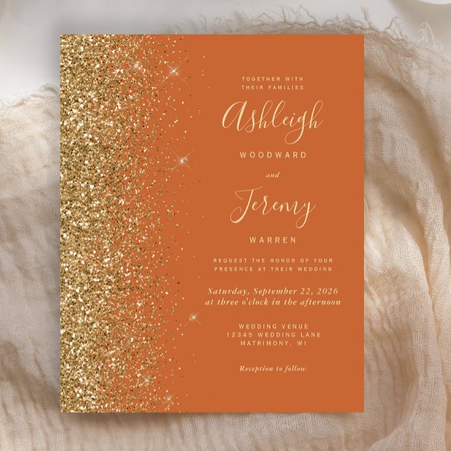 Budget Bränt Orange Guld Glitter Bröllopsinbjudan (Skapare uppladdad)