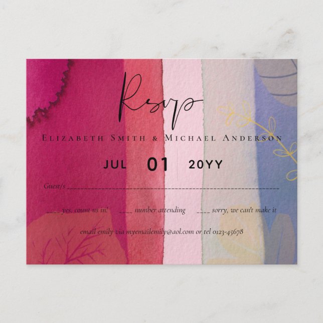 BUDGET Bröllop Berry Red Lila Watercolor Vykort (Framsida)